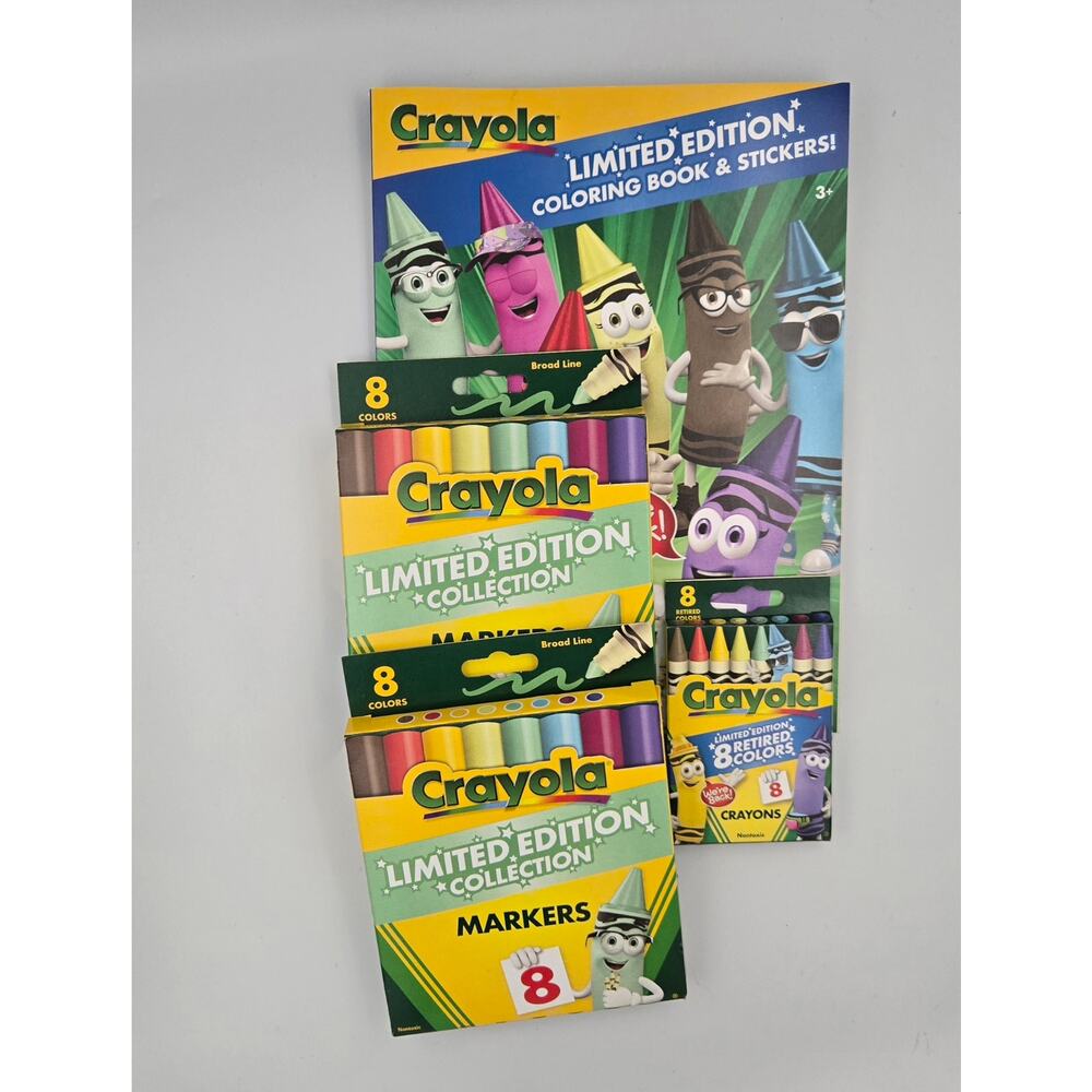 Crayola Limited Edition Book & Stickers, 8 pk Crayons, Two 8 Pk Markers Retired